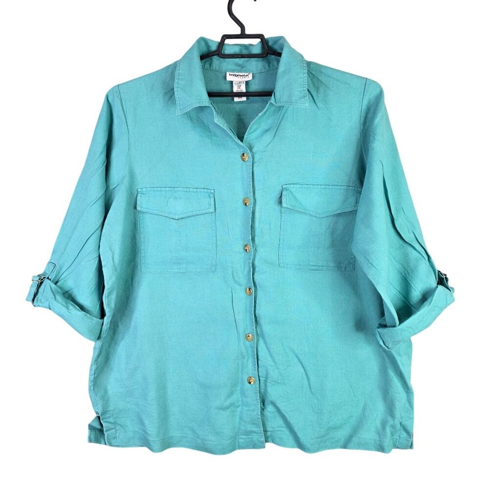 Womens Bridgewater Studios Teal 100% Linen Shirt Button Up Roll Tab Sleeves 20W